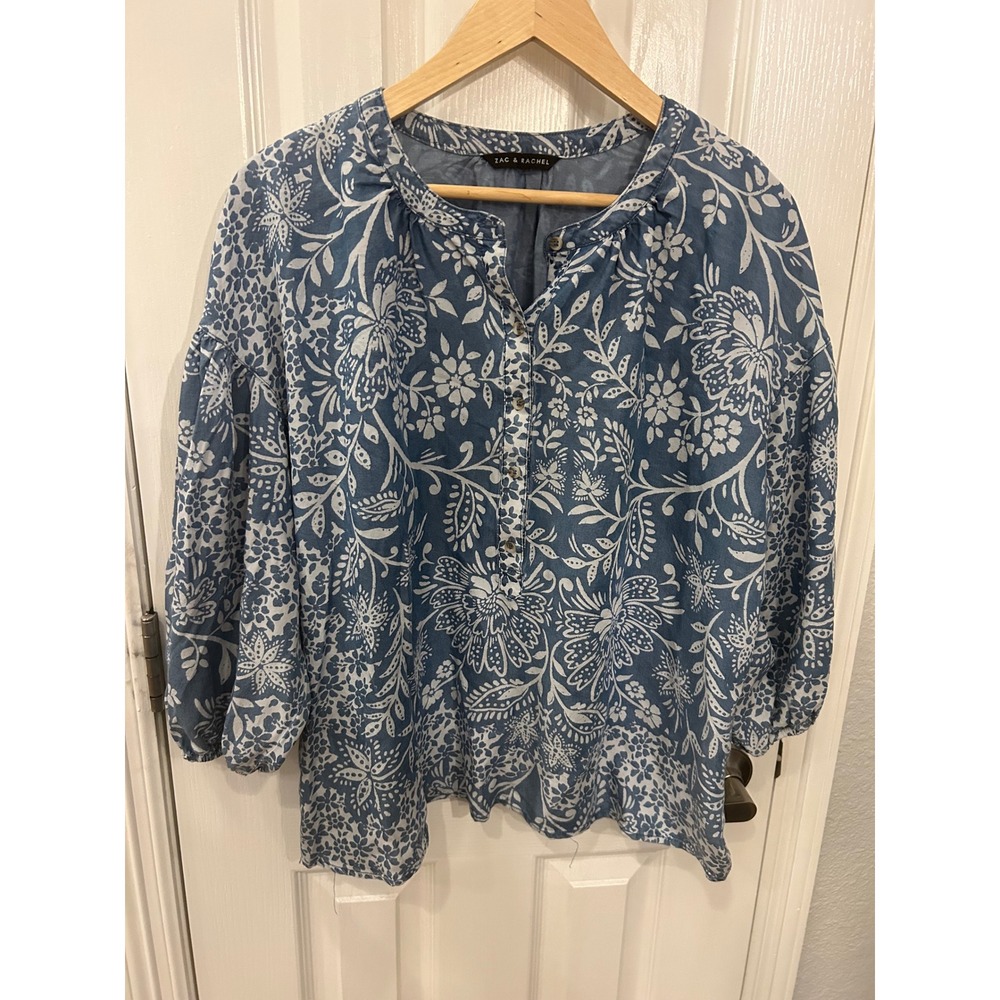 Zac & Rachel Blouse Blue Floral Lyocell Button Front Puff Sleeve Boho Top